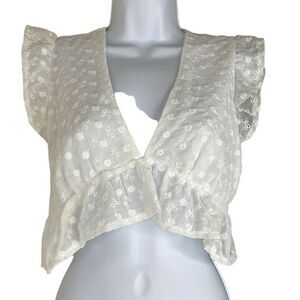 Idem Ditto White Eyelet Floral Crop Top Small Peplum Ruffle Sleeve Plunge Neck